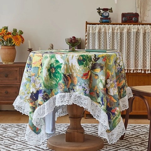 Vintage Floral Oil Painting Style Polyester Tablecloth With White Lace Edge For Dining Table Retro Farmhouse Home Decor