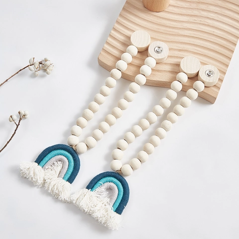 Cartoon Boho Rainbow Wood Bead Curtain Tiebacks Magnetic Cotton Macrame Fringe Tie Backs For Home Window Decor