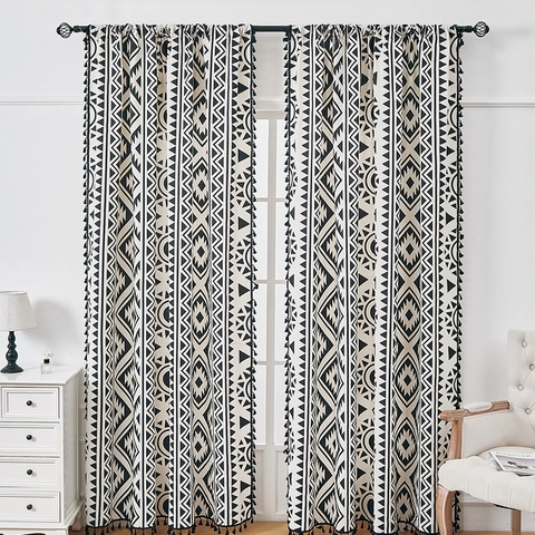 Bohemian Ethnic Black White Geometric Print Polyester Cotton Curtains With Tassels Semi Shading Window Treatment For Kitchen Living Room Bedroom Home Decor