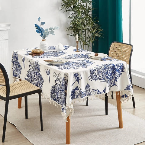 French Vintage Toile de Jouy Floral Bird Print Tablecloth Polyester Cotton Blend Table Cover With Tassels For Dining Picnic