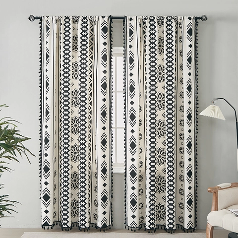Bohemian Geometric Printed Window Curtains With Tassels Polyester Cotton Shading Drapes For Bedroom Living Room Home Decor