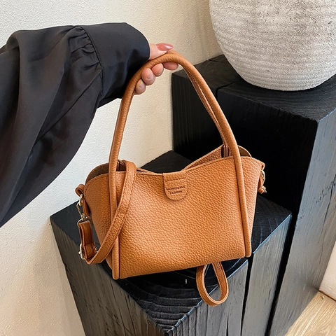 Frauen Bucket Bag Aus PU-Leder Mit Litschimuster Minimalistische Handtasche Mit Doppelgriff Und Abnehmbarem Schultergurt