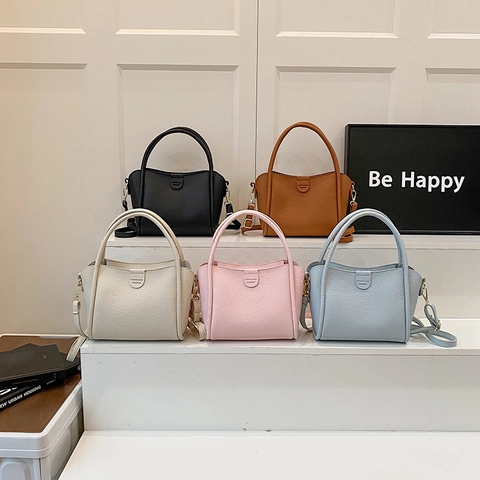 Frauen Bucket Bag Aus PU-Leder Mit Litschimuster Minimalistische Handtasche Mit Doppelgriff Und Abnehmbarem Schultergurt