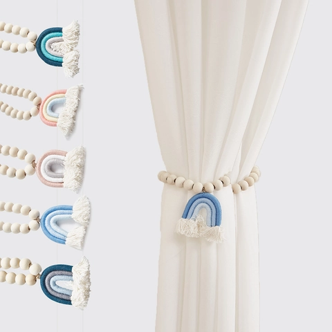 Cartoon Boho Rainbow Wood Bead Curtain Tiebacks Magnetic Cotton Macrame Fringe Tie Backs For Home Window Decor