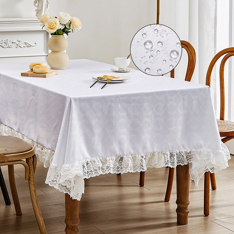 Moderne Minimalistische Waterdicht Oliebestendig Polyester Kant Tafelkleed Wit Jacquard Rechthoekig Tafelkleed Voor Eetkamer Decoratie