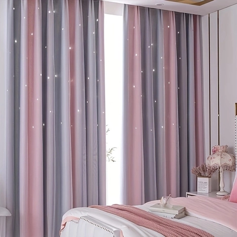 Double Layer Blackout Window Curtains Hollow Star Sheer Gradient Rainbow Grommet Top Drapes For Bedroom Nursery