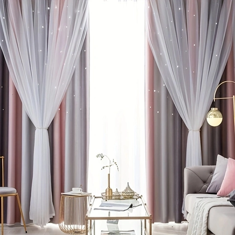 Double Layer Blackout Window Curtains Hollow Star Sheer Gradient Rainbow Grommet Top Drapes For Bedroom Nursery