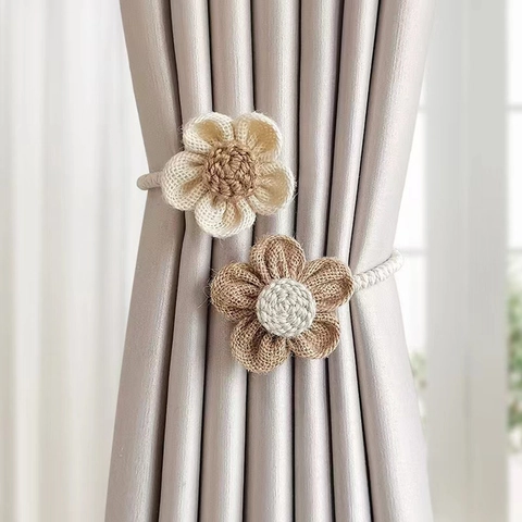 Curtain Tiebacks Flower Handmade Cotton Hemp Rope Decorative Buckle For Window Drapes Pastoral Style