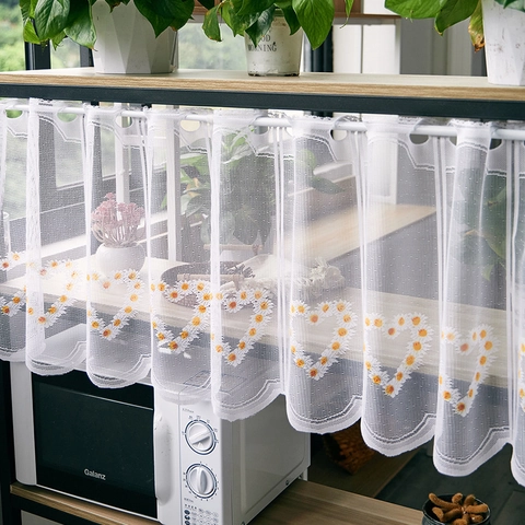 Franse Stijl Kant Koffie Gordijn Polyester Gaas Rod Pocket Korte Valance Voor Keuken Kast Pastoraal Geborduurd