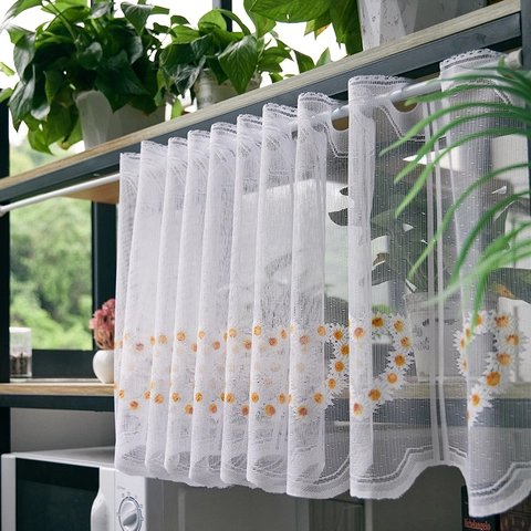 Franse Stijl Kant Koffie Gordijn Polyester Gaas Rod Pocket Korte Valance Voor Keuken Kast Pastoraal Geborduurd