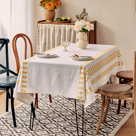 Tovaglia Rettangolare Misto Cotone Poliestere Ricamo Geometrico Giallo Impermeabile Retro Francese Nordico Sala Da Pranzo Casa