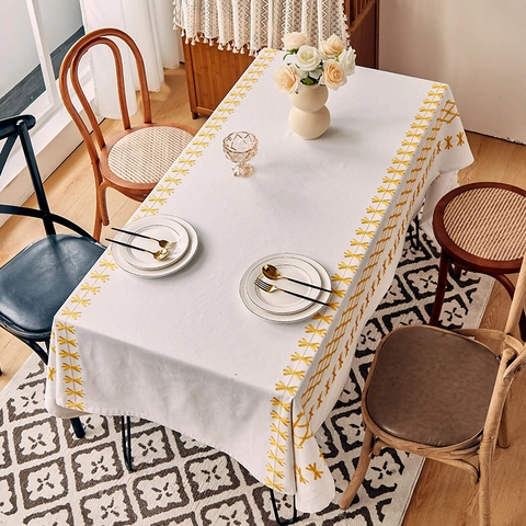 Tovaglia Rettangolare Misto Cotone Poliestere Ricamo Geometrico Giallo Impermeabile Retro Francese Nordico Sala Da Pranzo Casa