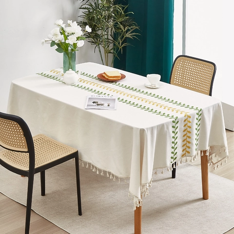 Tovaglia Ricamata Foglia Minimalista Nordica Impermeabile Cotone Lino Rettangolo Nappine Arredo Tavola