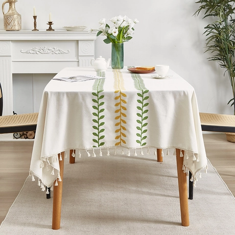 Tovaglia Ricamata Foglia Minimalista Nordica Impermeabile Cotone Lino Rettangolo Nappine Arredo Tavola