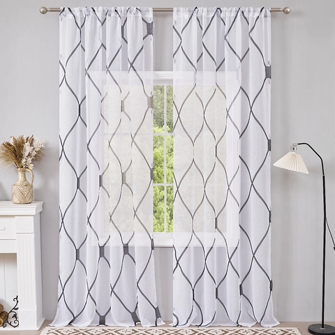 Nordic Polyester Sheer Curtains Gray Geometric Wave Rod Pocket Translucent Window Screen Living Room Bedroom Home Decor