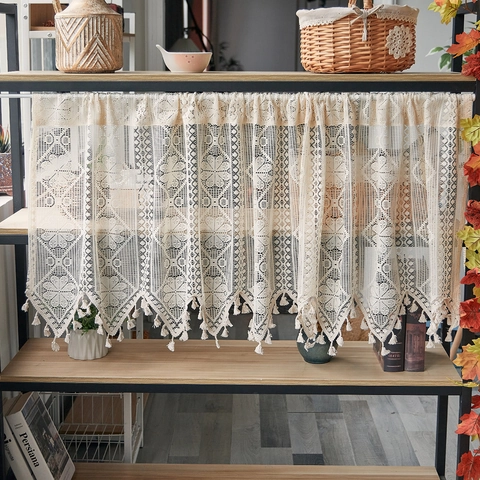 Französischer Vintage Spitzen Türvorhang Polyester Häkeln Hohl Floral Partition Quaste Cafe Vorhänge Für Küchenschrank