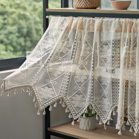 Französischer Vintage Spitzen Türvorhang Polyester Häkeln Hohl Floral Partition Quaste Cafe Vorhänge Für Küchenschrank