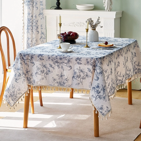 Tovaglia Misto Cotone Poliestere Stampa Floreale Blu Con Nappine Impermeabile Retro Nordico Rettangolare Arredamento