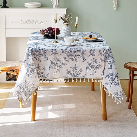 Tovaglia Misto Cotone Poliestere Stampa Floreale Blu Con Nappine Impermeabile Retro Nordico Rettangolare Arredamento