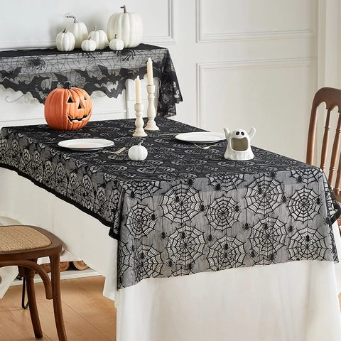 Halloween Zwart Kant Spinnenweb Tafelkleed Rechthoekig Gotisch Polyester Tafelbekleding Voor Feest Eetkamer Huis Vakantie Decoratie