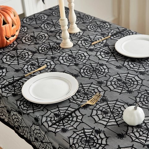 Halloween Zwart Kant Spinnenweb Tafelkleed Rechthoekig Gotisch Polyester Tafelbekleding Voor Feest Eetkamer Huis Vakantie Decoratie