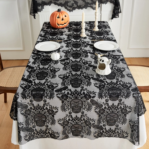 Halloween Black Lace Tablecloth Gothic Skull Moth Pattern Rectangle Table Cover For Haunted House Party Decor