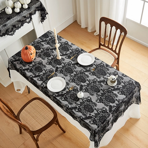 Halloween Black Lace Tablecloth Gothic Skull Moth Pattern Rectangle Table Cover For Haunted House Party Decor