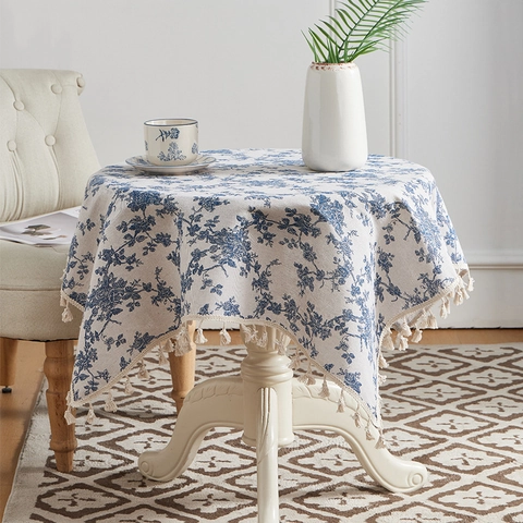 Nordische Blumige Baumwoll-Leinen Rundtischdecke Mit Fransen Staubdichte Dekorative Tischabdeckung Für Esszimmer Wohnzimmer Home