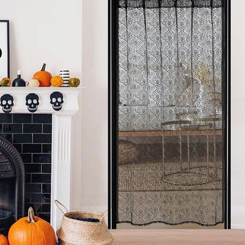 Halloween Door Curtain Black Lace Spiderweb Skull Gothic Hollow Polyester Decor For Party Home Window