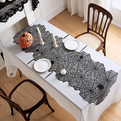 Runner Da Tavola Halloween Pizzo Nero Ragnatela Decorazione Per Camino Sciarpa Festa Casa Arredamento