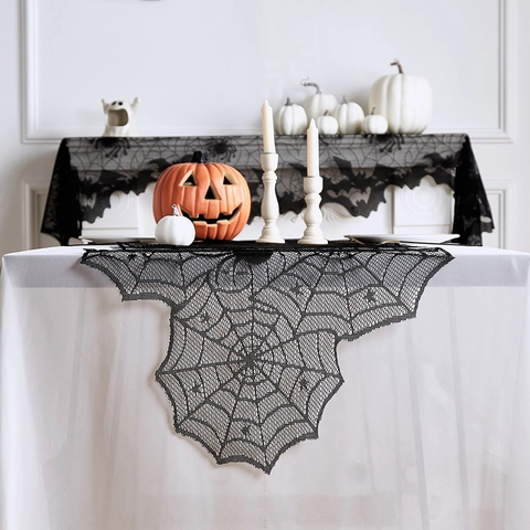 Runner Da Tavola Halloween Pizzo Nero Ragnatela Decorazione Per Camino Sciarpa Festa Casa Arredamento