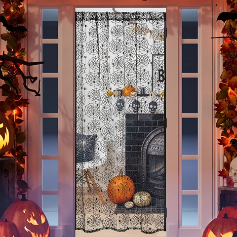 Halloween Black Lace Spider Web Door Curtain Gothic Window Mesh Drape Party Home Indoor Spooky Atmosphere Decoration Prop