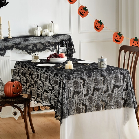 Halloween Black Lace Tablecloth Gothic Spider Web Bat Pumpkin Trick Or Treat Hollow Table Cover Rectangular Party Decor