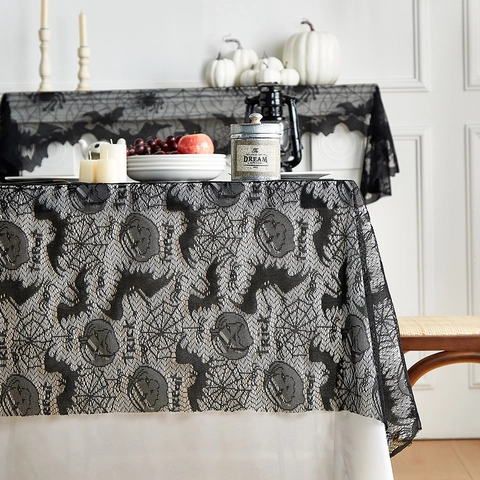 Halloween Black Lace Tablecloth Gothic Spider Web Bat Pumpkin Trick Or Treat Hollow Table Cover Rectangular Party Decor