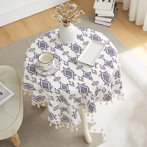 Boho Geometric Diamond Tablecloth Cotton Linen Blend With Tassel Fringe Dustproof Heat Resistant Dining Table Decor