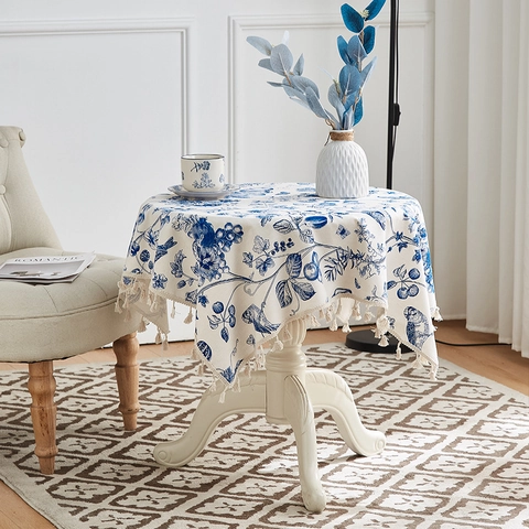 Tovaglia In Cotone E Lino Stampa Floreale Blu Uccelli Nappe Antipolvere Resistente Al Calore Decorazione Tavolo