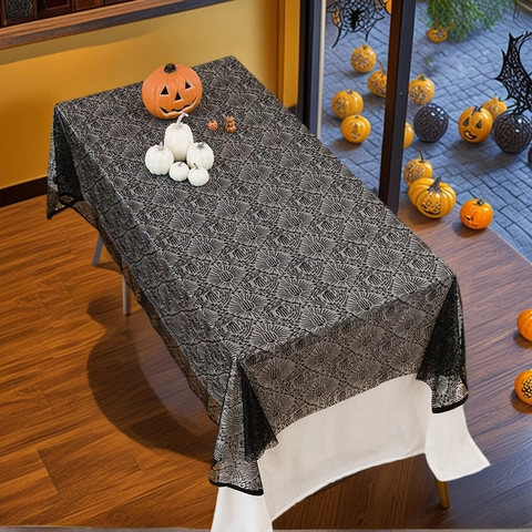 Halloween Black Lace Tablecloth Spider Web Bat Skull Rectangle Party Home Decoration Polyester Festive Dining Room Cover