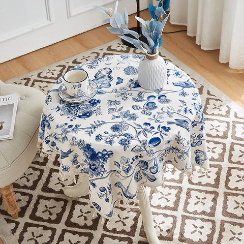 Tovaglia In Cotone E Lino Stampa Floreale Blu Uccelli Nappe Antipolvere Resistente Al Calore Decorazione Tavolo