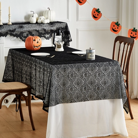Tovaglia Nera in Pizzo con Ragnatela di Halloween Rettangolare Gotica con Motivo a Pipistrello Decorazione da Tavola per Feste