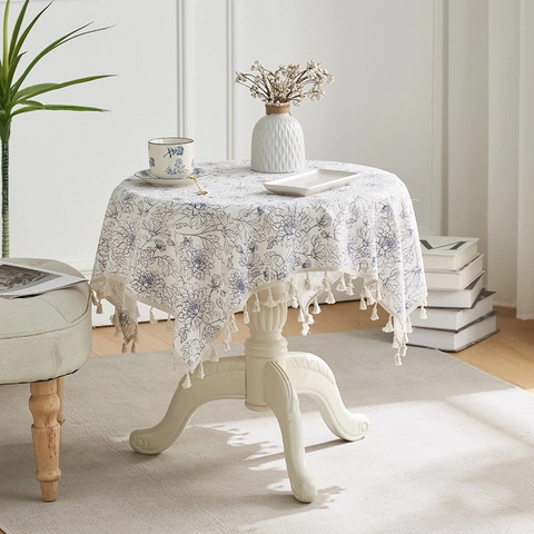 Retro Pastoral Blue Floral Tablecloth Cotton Linen Blend With Tassel Fringe Dustproof Heat Resistant Decorative Table Cover