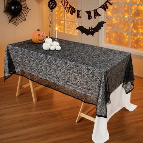 Halloween Tafelkleed Zwart Kant Spinnenweb Spookhand Vleermuis Patroon Rechthoekig Polyester Decoratie