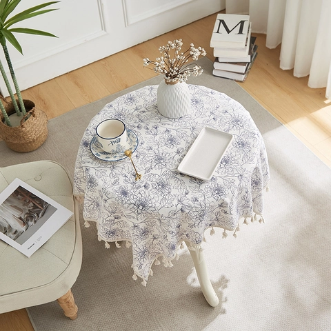 Retro Pastoral Blue Floral Tablecloth Cotton Linen Blend With Tassel Fringe Dustproof Heat Resistant Decorative Table Cover