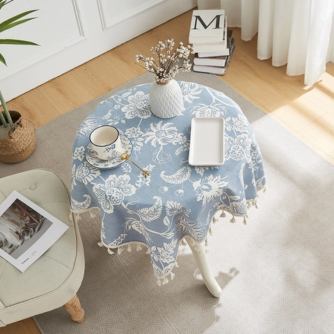 Pastoral Fresh Tablecloth With White Floral Print Cotton Linen Fabric Tassel Trim Dustproof Heat Resistant Home Decor