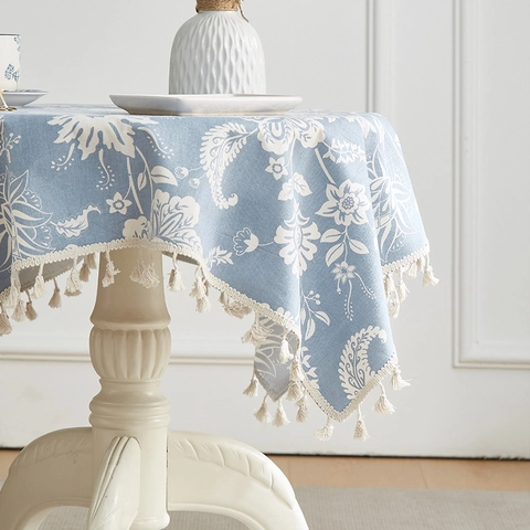 Nordic Floral Printed Polyester Cotton Blend Tablecloth With Tassels Dustproof Heat Resistant Rectangular Blue White Table Cover For Home Kitchen Decor