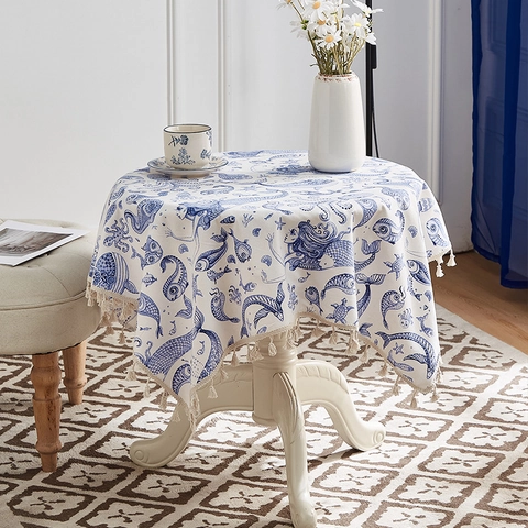 Tovaglia Rotonda Tema Sirena Oceano Blu E Bianco Misto Poliestere Cotone Con Nappe Per Tavolo Da Pranzo Arredamento Casa