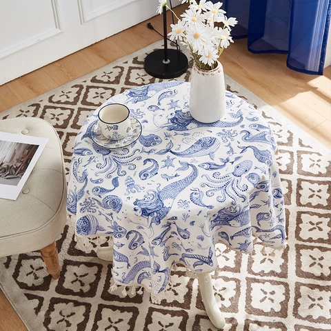 Tovaglia Rotonda Tema Sirena Oceano Blu E Bianco Misto Poliestere Cotone Con Nappe Per Tavolo Da Pranzo Arredamento Casa