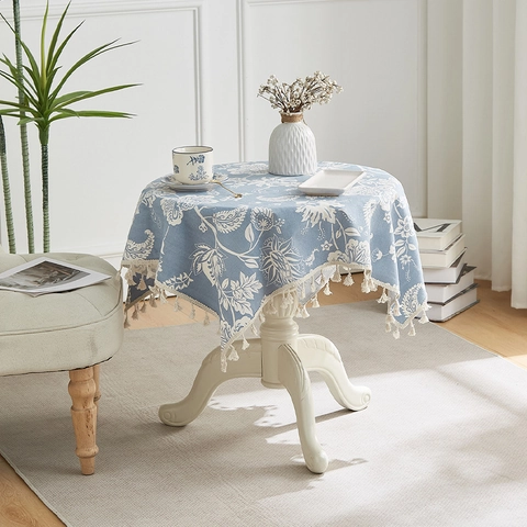 Pastoral Fresh Tablecloth With White Floral Print Cotton Linen Fabric Tassel Trim Dustproof Heat Resistant Home Decor