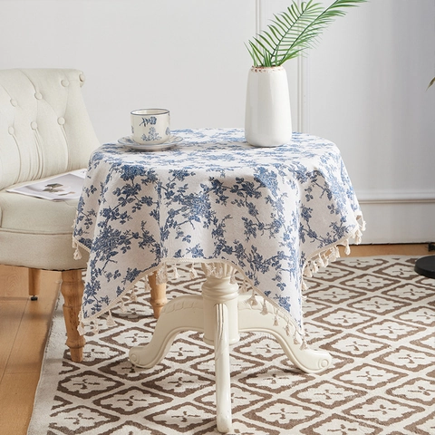 Mantel Floral Pastoral Francés Vintage de Mezcla de Poliéster y Algodón Antipolvo Rectángulo Cubierta de Mesa de Té Con Borlas Para Hogar Comedor Decoración