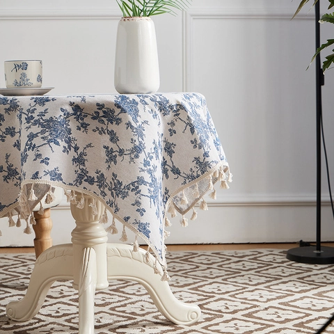 Mantel Floral Pastoral Francés Vintage de Mezcla de Poliéster y Algodón Antipolvo Rectángulo Cubierta de Mesa de Té Con Borlas Para Hogar Comedor Decoración