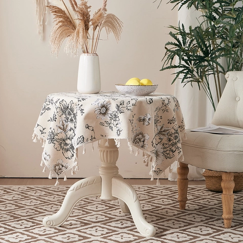 Klassische Florale Baumwolle Polyester Tischdecke Mit Fransen Staubdicht Hitzebeständig Nordischer Stil Dekorative Decke